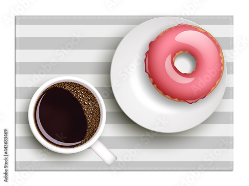 Cup of coffee on warfare dish, donut in glaze. Breakfast image, top view. Morning drink with sweetness. Hot coffee cup on white platter, donut glaze. Light snack top banner. Still life dessert