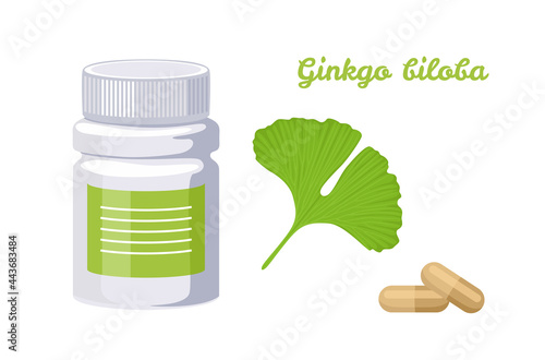 Ginkgo biloba capsules isolated on white background. Vector bottle of pills and green leaf. Cartoon flat illustration of dietary supplements. Superfood.
