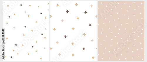 Abstract Geometric Seamless Vector Patterns with White, Pink and Brown Irregular Brush Dots and Stars on a White and Beige Backgrounds. Simple Irregular Abstract Minimalist Print. Dotted Backdrop.