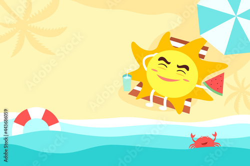 Summer holiday illustration. Cute sun cartoon is sunbathing on the beach.