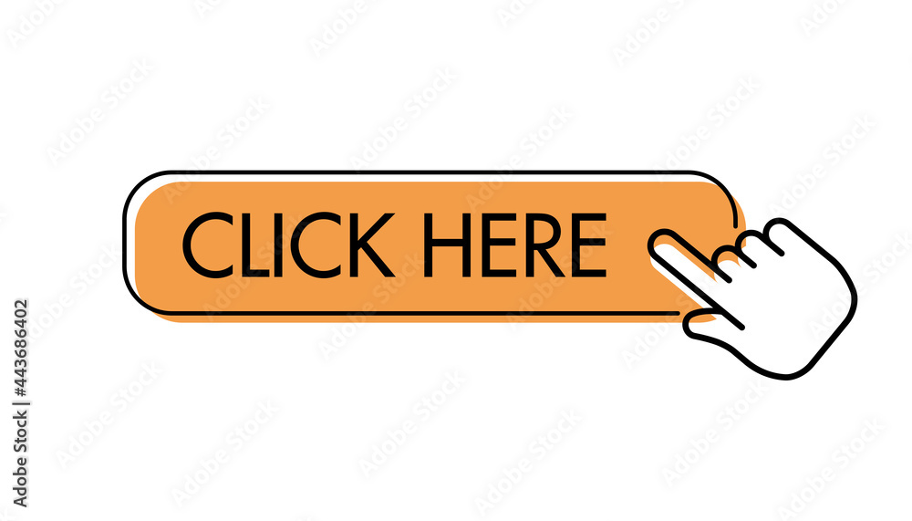 Click here button, with hand icon pointer clicking. Vector. Click here button, with hand icon pointer clicking. Vector.