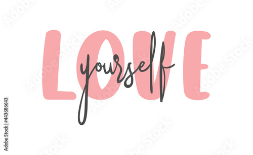 Love yourself quote lettering. Modern calligraphy text design for print, t shirt, sticker or banner. Vector illustration.