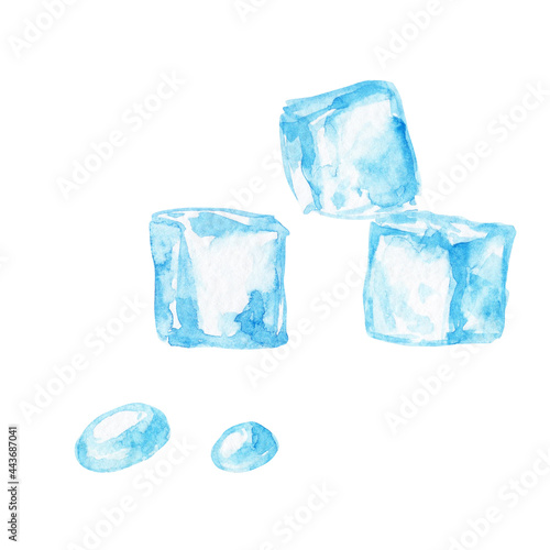 Watercolor illustration of ice cubes and water droplets hand drawn and isolated on white background