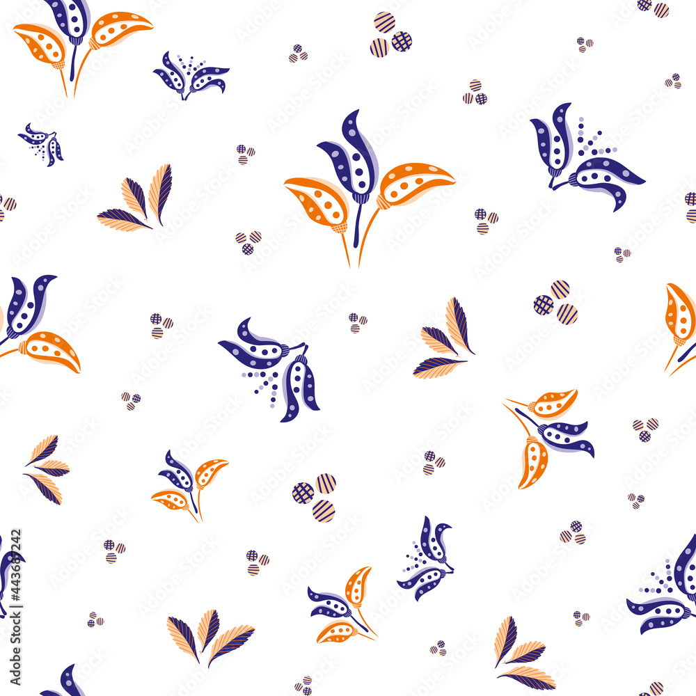 Abstract stylized tulip and leaf vector seamless pattern background. Modern purple white backdrop with bouquets of hand drawn pairs of tulips,foliage, dots circles. Summer garden floral design repeat