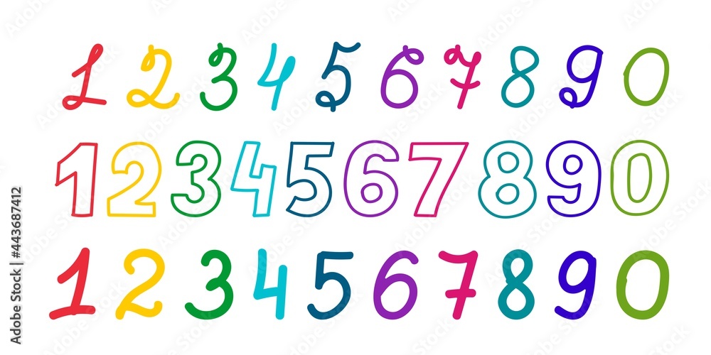 A set of lettering numbers of different colors drawn by hand. Vector illustration in a flat style.