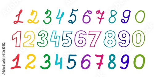 A set of lettering numbers of different colors drawn by hand. Vector illustration in a flat style.