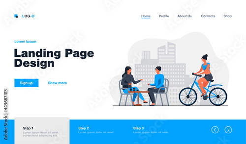 Happy women sitting in street cafe and cyclist riding near them. Coffee, bicycle, girl flat vector illustration. Summertime and urban lifestyle concept for banner, website design or landing web page