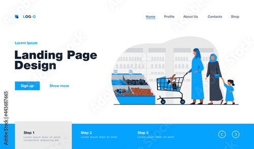 Muslim family buying food in supermarket. Arab cartoon characters wheeling shopping cart in grocery store. Vector illustration for retail, lifestyle, Arab people concept