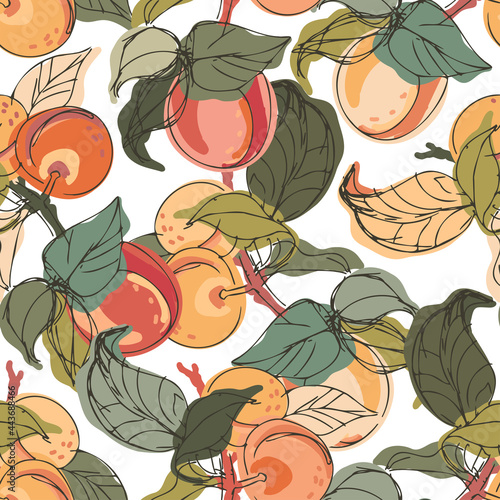 Modern seamless stylized design vector pattern with peaches and apricots on white background