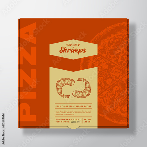 Pizza with Seafood Shrimps Realistic Cardboard Box Mockup. Abstract Vector Packaging Design or Label. Modern Typography, Sketch Food and Color Paper Background Layout. Isolated