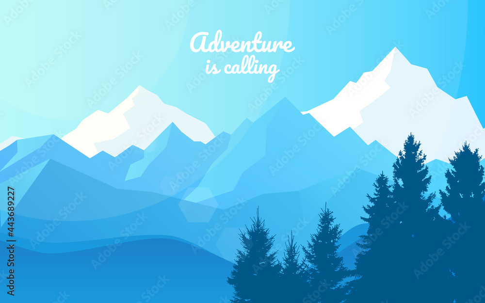 Mountain landscape. Travel flyer,  background, booklet. Adventure, hiking, camping, vacation. Abstract landscape, Banner with polygonal landscape illustration, Minimalist style, Flat design