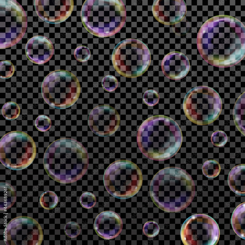 Flying transparent soap bubbles on checkered background.Reaistic colored balls.Vector texture. Flying transparent soap bubbles on checkered background.Reaistic colored balls.Vector texture.
