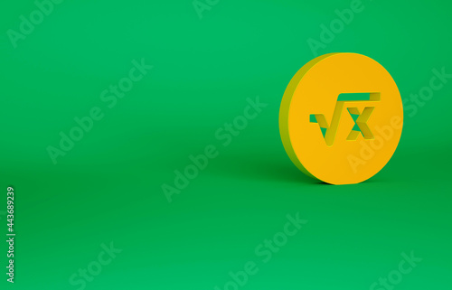 Orange Square root of x glyph icon isolated on green background. Mathematical expression. Minimalism concept. 3d illustration 3D render