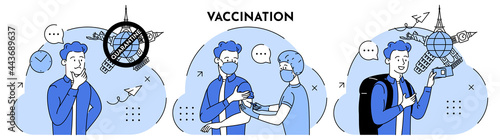 Man thinking about travel on the background of a world map with landmarks of architecture. Closed borders. Vaccination. The nurse gives an injection. Vaccination passport. Flat vector illustration set