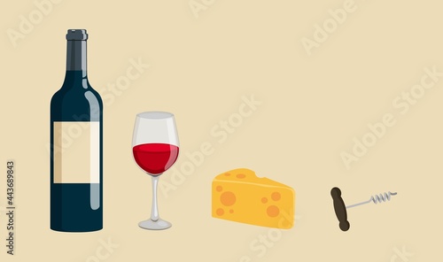 Bottle, glass of wine cheese and Corkscrew. Stock vector