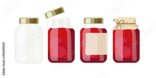 Jam or compote jars. Canned fruit or berries. Preserved fruit in glass jars set vector illustration. For Farmer Market Branding. Organic food eco template. Sweet dessert with vitamins.