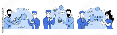 Merger of companies. Buy idea. Modern abstract concept of business cooperation, Collaboration. Experience and initiative metaphor. Business Marketing vector illustrations set. Scenes business activity