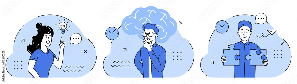 Brain activity abstract business concept flat illustration set. Brainstorming, problem solving, thinking and imagination,  idea, motivation and inspiration, find solution. Abstract metaphor. - obrazy, fototapety, plakaty 