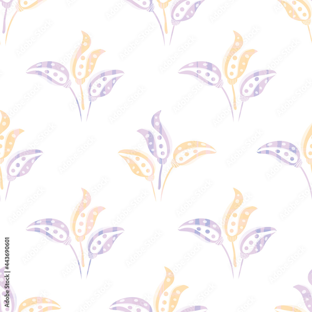 Obraz premium Abstract stylized tulip vector seamless pattern background. Pastel purple white bouquets of hand drawn blossoming tulips on subtle painted texture blend. Floral design repeat for wellness packaging.