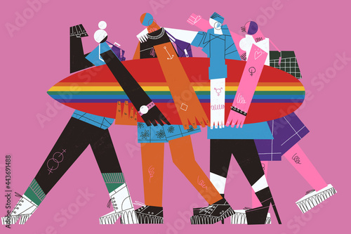 LGBT+ group of youth adults carrying a pride day surfboard to go surfing into the intolerance sea. Gender identity and sexual orientation struggle concept illustration.
