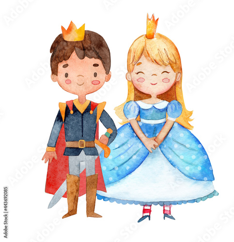 Watercolor illustration of a cute little prince and princess in a blue dress. Little girl and boy surrounded by watercolor floral wreath. Isolated photo