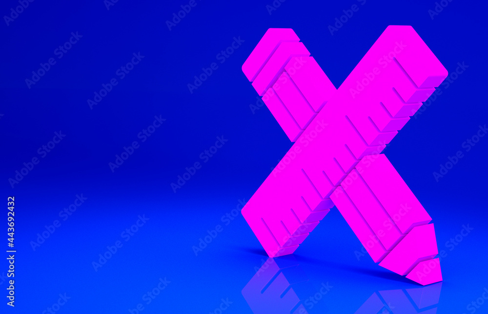 Pink Crossed ruler and pencil icon isolated on blue background. Straightedge symbol. Drawing and educational tools. Minimalism concept. 3d illustration 3D render Pink Crossed ruler and pencil icon isolated on blue background. Straightedge symbol. Drawing and educational tools. Minimalism concept. 3d illustration 3D render