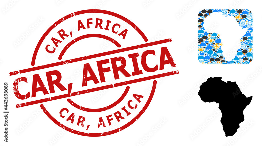 Climate pattern map of Africa, and scratched red round Car, Africa stamp seal. Geographic vector concept map of Africa is done as subtraction from rounded square and random rain, cloud, sun, Climate pattern map of Africa, and scratched red round Car, Africa stamp seal. Geographic vector concept map of Africa is done as subtraction from rounded square and random rain, cloud, sun,