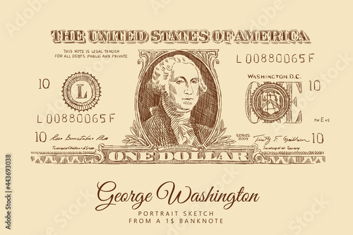 Sketch of a $ 1 banknote with a portrait of George Washington, the US currency. Engraving portrait of the President of America. Vintage brown and beige card, hand-drawn, vector. Old design.