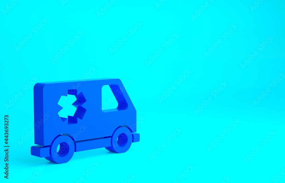 Blue Ambulance and emergency car icon isolated on blue background. Ambulance vehicle medical evacuation. Minimalism concept. 3d illustration 3D render Blue Ambulance and emergency car icon isolated on blue background. Ambulance vehicle medical evacuation. Minimalism concept. 3d illustration 3D render