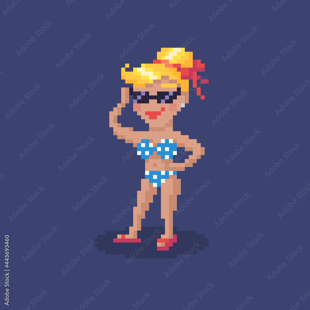 Pixel art girl character. Young woman in a swimsuit on vacation. Pixel art girl character. Young woman in a swimsuit on vacation.