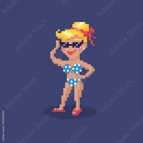 Pixel art girl character. Young woman in a swimsuit on vacation.