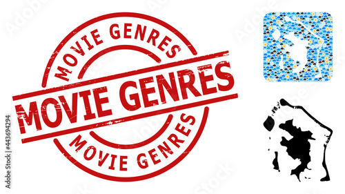 Climate collage map of Bora-Bora, and textured red round Movie Genres stamp seal. Geographic vector composition map of Bora-Bora is organized as stencil from rounded square and scattered rain, cloud,