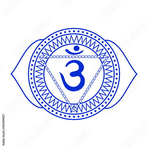 Line drawing.The sixth chakra is Ajna. Third eye chakra with Hindu Sanskrit. Blue is a flat symbol of meditation, yoga. Vector