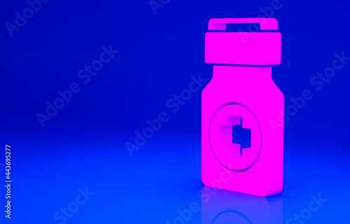 Pink Medicine bottle and pills icon isolated on blue background. Bottle pill sign. Pharmacy design. Minimalism concept. 3d illustration 3D render