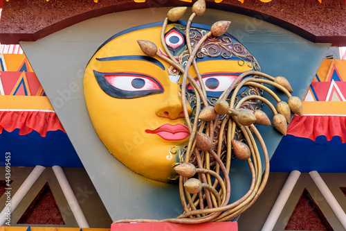 View of decorated Durga Puja pandal in Kolkata, West Bengal, India. Durga Puja is a famous and major religious festival of Hinduism that is celebrated throughout the world. photo