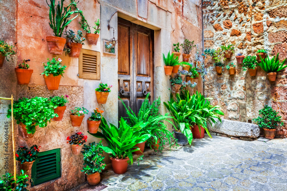 Charming old streets decorated by flowers. Mediterranean culture and traditional villages
