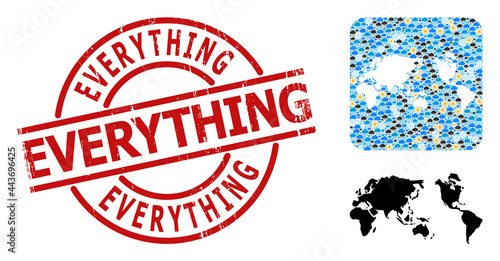 Climate mosaic map of Earth, and textured red round Everything badge. Geographic vector collage map of Earth is combined as carved shape from rounded square and scattered rain, cloud, sun,