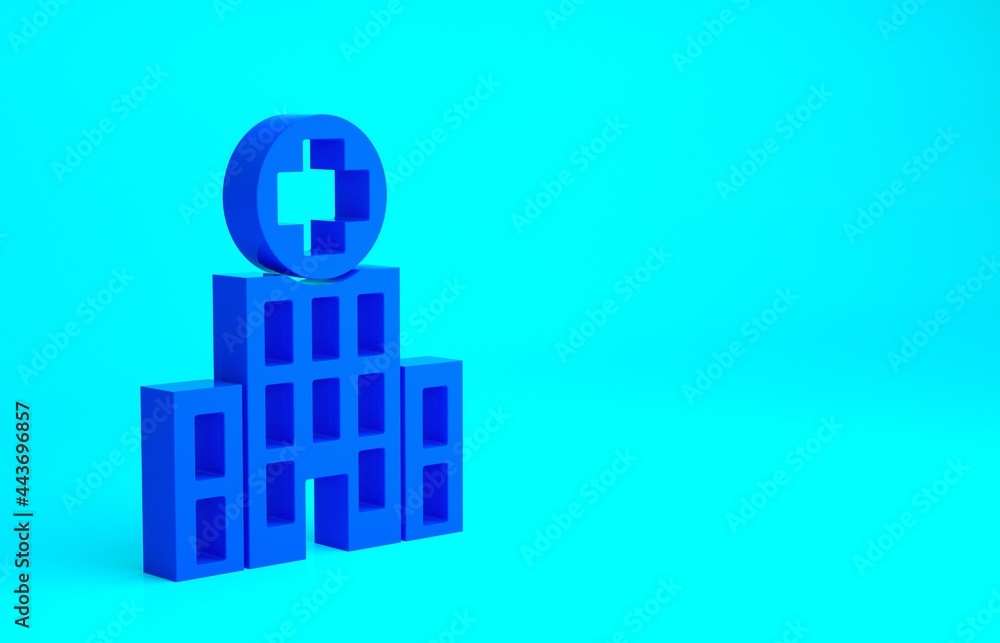 Fototapeta premium Blue Medical hospital building with cross icon isolated on blue background. Medical center. Health care. Minimalism concept. 3d illustration 3D render