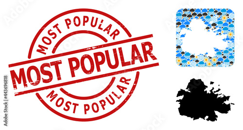 Weather mosaic map of Antigua Island, and distress red round Most Popular seal. Geographic vector composition map of Antigua Island is created as stencil from rounded square and scattered rain, cloud,