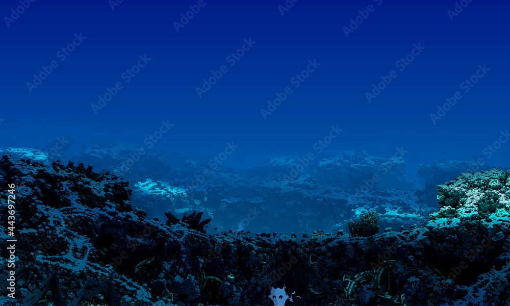 Underwater landscape with corals and free space Computer generated 3D illustration