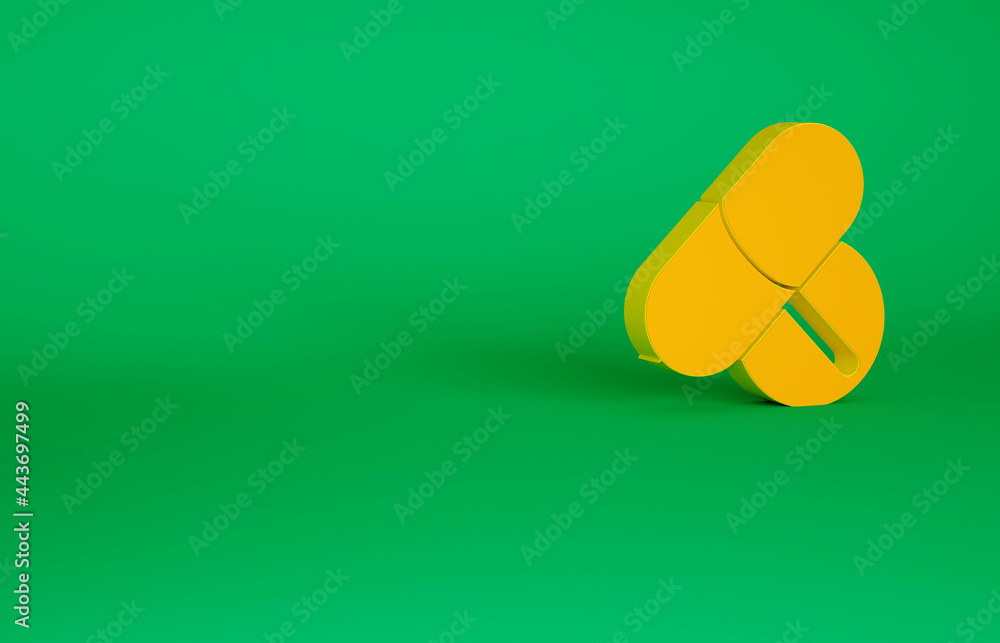 Orange Medicine pill or tablet icon isolated on green background. Capsule pill and drug sign. Pharmacy design. Minimalism concept. 3d illustration 3D render Orange Medicine pill or tablet icon isolated on green background. Capsule pill and drug sign. Pharmacy design. Minimalism concept. 3d illustration 3D render