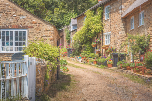 Traditional stone cottages on a quaint country lane in the charming rural English village of Abbotsbury, Dorset, England, UK.