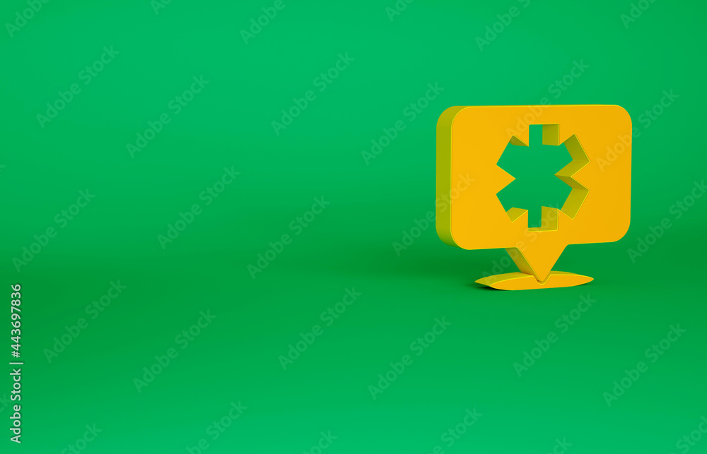 Orange Medical symbol of the Emergency - Star of Life icon isolated on green background. Minimalism concept. 3d illustration 3D render Orange Medical symbol of the Emergency - Star of Life icon isolated on green background. Minimalism concept. 3d illustration 3D render