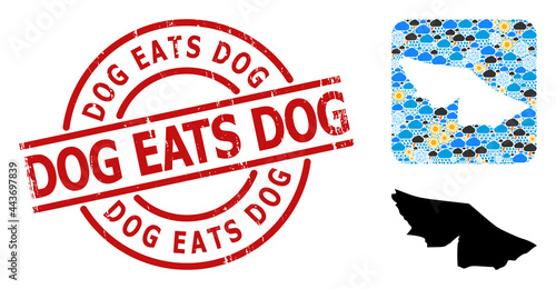 Weather collage map of Acre State, and textured red round Dog Eats Dog stamp seal. Geographic vector collage map of Acre State is combined as stencil from rounded square and randomized rain, cloud,