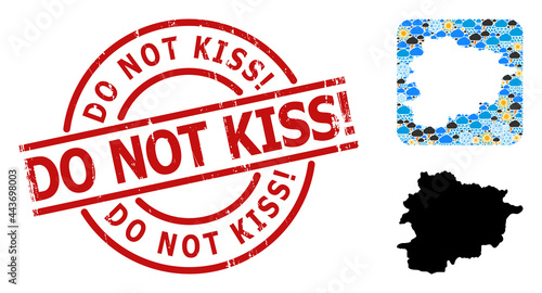 Climate collage map of Andorra, and scratched red round Do Not Kiss! badge. Geographic vector collage map of Andorra is designed as subtraction from rounded square and scattered rain, cloud, sun,