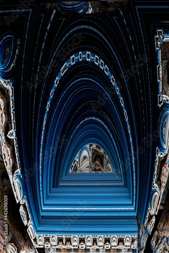 Abstract technology background - Opened portal. Computer-generated image. Fractal geometry: portal or corridor of blocks. Sci-fi or hi-tech background. Futuristic tunnel or hallway. 3d Rendering.