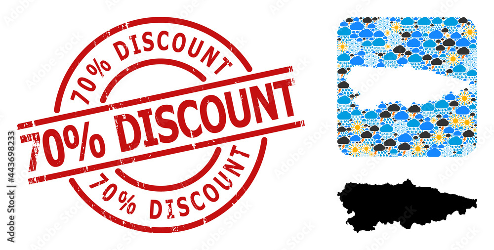 Climate collage map of Asturias Province, and textured red round 70% Discount stamp seal. Climate collage map of Asturias Province, and textured red round 70% Discount stamp seal.
