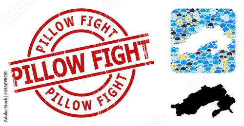 Climate collage map of Arunachal Pradesh State, and grunge red round Pillow Fight badge.