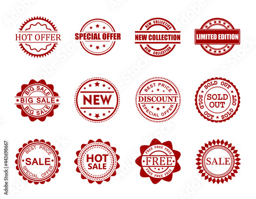 set of red stamps stickers for sales isolated on white background