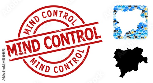 Weather mosaic map of Albacete Province, and distress red round Mind Control seal. Geographic vector concept map of Albacete Province is organized as subtraction from rounded square and random rain,